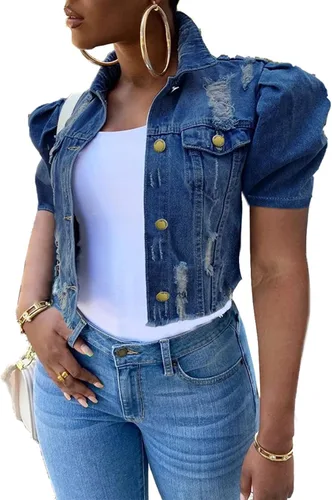 Vista 2 de PAODIKUAI Chaqueta de mezclilla casual de manga abombada para mujer