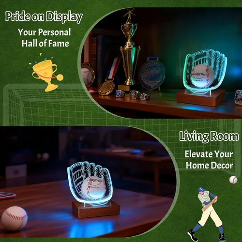 Vista 4 de CoolGift Mart Soporte de exhibición iluminado para guantes de béisbol, base acrílica y de madera con iluminación LED de acento, alimentado por USB
