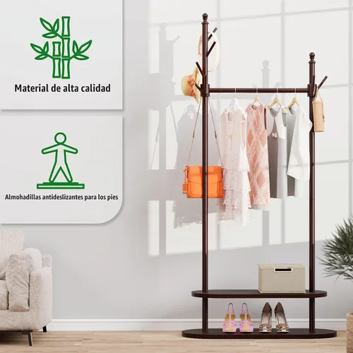 Vista 7 de Perchero de dos niveles independiente, fácil de montar, 8 ganchos, perchero de madera con almacenamiento para zapatos, árbol de abrigo resistente