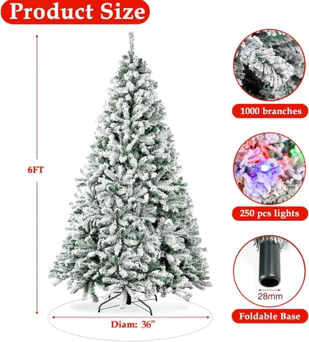 Vista 7 de Árbol de Navidad preiluminado de 6 pies con 250 luces LED de colores, árbol de Navidad artificial completo, 1000 puntas de ramas, con bisagras