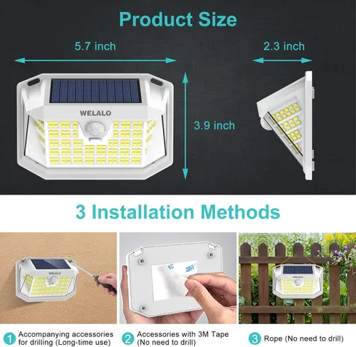 Vista 6 de WELALO Luces solares con sensor de movimiento para exteriores, [3 modos/4 paquetes/188 LED] Iluminación gran angular de 270°, luces de pared
