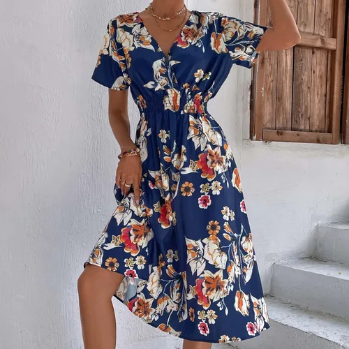Vista 4 de JOANKDMI Vestidos casuales para mujer, con cuello en V, manga corta, floral, 2023, bohemio, hawaiano, vacaciones, vestidos para mujer