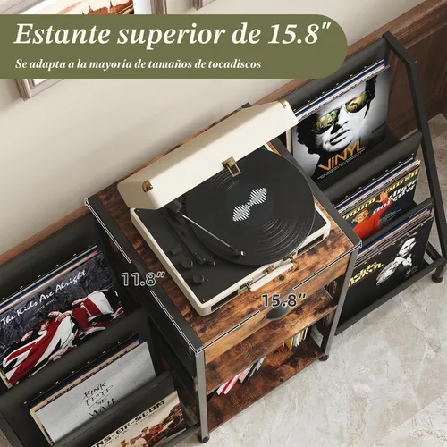 Vista 4 de Soporte para tocadiscos con cajón, mesa para tocadiscos con almacenamiento de discos de vinilo de hasta 280 álbumes, soporte giratorio con estante