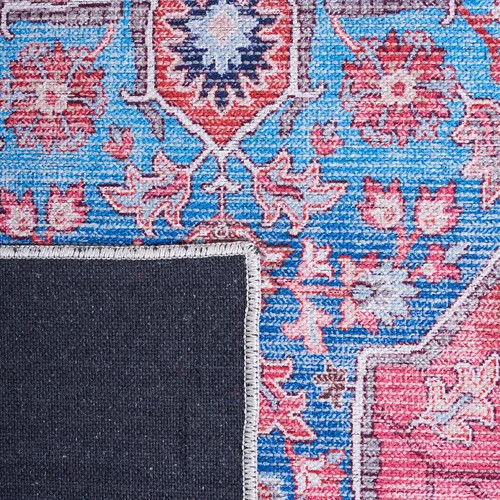 Vista 7 de SAFAVIEH Alfombra lavable Serapi Collection redonda de 6 pies 7 pulgadas, azul y al óxido, antideslizante y fácil de limpiar, ideal para sala