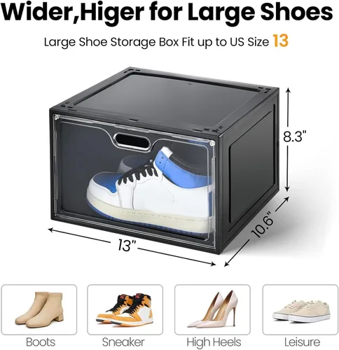 Vista 2 de Amllas Paquete de 8 cajas de zapatos de plástico negro apilables, organizador de almacenamiento de zapatos grande, contenedores de zapatos