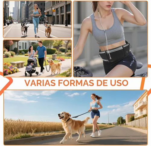 Vista 7 de Correa de perro manos libres con cinturón de cintura y bolsa con cremallera, correa de cintura resistente para correr, caminar, trotar y senderismo