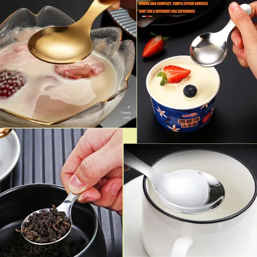 Vista 6 de 5 cucharas de mango corto, mini cucharas de acero inoxidable, cuchara redonda gruesa para condimentos de sal, postre, té, café (negro)