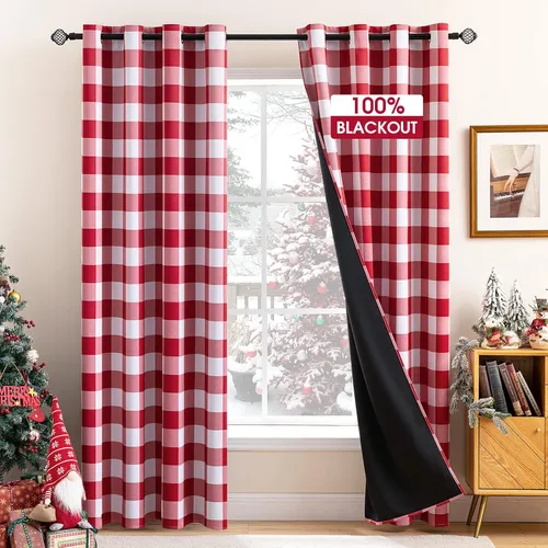 Vista 9 de MIULEE Cortinas opacas a cuadros para dormitorio rural, cortinas opacas con ojales para sala de estar, bloqueo de luz y aislamiento térmico, juego