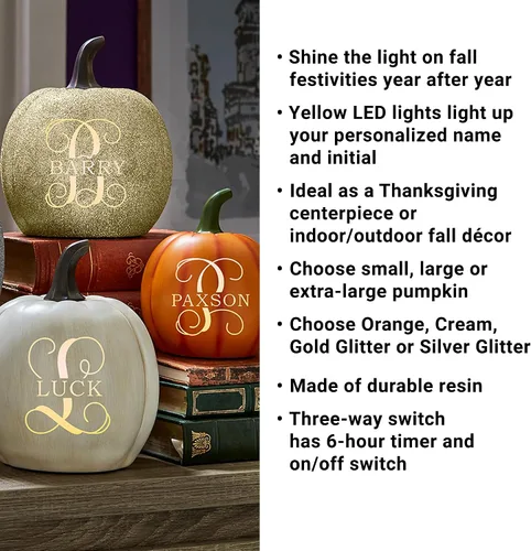 Vista 4 de Let's Make Memories - Calabaza personalizable con luz y apellido familiar e inicial para decoración otoñal de Halloween, para interiores y Naranja