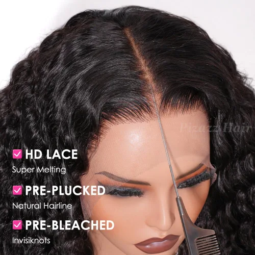 Vista 5 de Pizazz - Pelucas de cabello humano ondulado profundo con encaje frontal de 13 x 4, nudos blanqueados previamente despuntados Pelucas de cabello