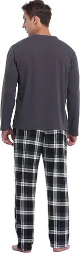 Vista 4 de Vlazom Men's Long Sleeve Pajama Sets Pjs Sets Solid Tee and Plaid Pant Set S-XXL