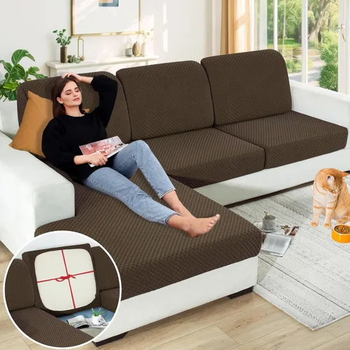 Vista 82 de YEMYHOM Funda de cojín para sofá, funda de cojín de asiento de alta elasticidad, tela jacquard geométrica de felpa, protector de sofá antideslizante