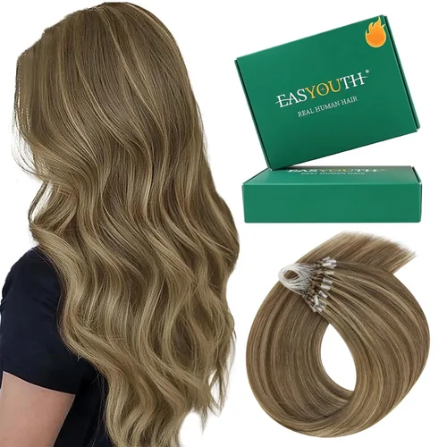 Vista 20 de Easyouth Extensión de cabello humano rubio con cola de caballo, extensiones de cabello humano rubio dorado con reflejos rubios, extensiones