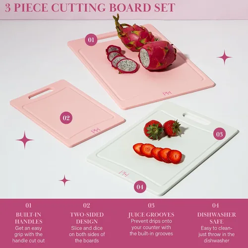 Vista 3 de Paris Hilton - Tablas de cortar de doble cara, juego de tablas de cortar con ranuras integradas para jugos, asas de fácil agarre, plástico
