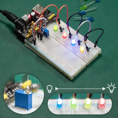 Vista 5 de Kit básico de inicio Smraza con tablero de pruebas, fuente de alimentación, cables de puente, resistencias, LED, compatible con Arduino R3