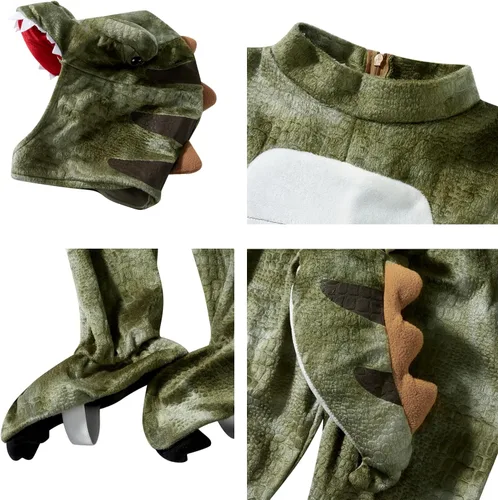 Vista 6 de Disfraz de Halloween para niños y niñas, disfraz de dinosaurio T-Rex con capucha, mameluco, ropa de fiesta