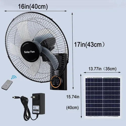 Vista 7 de Ventilador solar de pared de 16 pulgadas, ventilador oscilante para el hogar con control remoto, 5 aspas y 3 velocidades, panel solar/adaptador