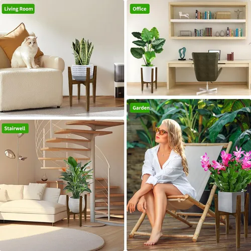 Vista 7 de Soporte para plantas de interior, soporte ajustable de bambú para plantas, estante moderno para macetas, estante para plantas, se adapta a macetas