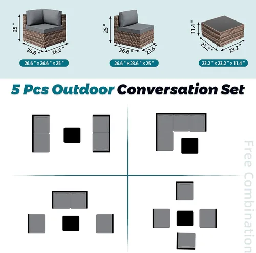 Vista 5 de SUNLEI Juego de muebles de patio de 5 piezas, sofá modular de ratán con respaldo bajo para todo tipo de clima, mesa de té y cojines de sofá