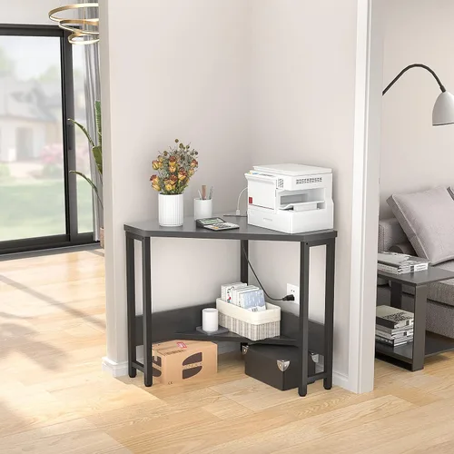 Vista 5 de Armocity Escritorio esquinero pequeño con tomas de corriente, mesa de esquina para espacio pequeño, escritorio de computadora con puertos USB