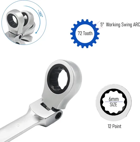 Vista 3 de Llave combinada de trinquete de cabeza flexible de 0.236 in, métrica, 72 dientes, caja de trinquete de 12 puntos, herramientas de llave de extremo