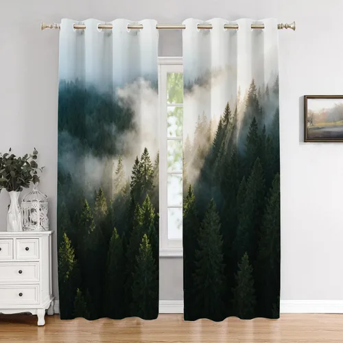 Vista 157 de Cortinas opacas de poliéster multicapa marrón con diseño de bosque natural, 2 unidades, 26 x 24 pulgadas