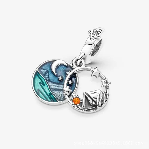 Vista 2 de Acampar cielo nocturno doble colgante encanto 925 colgante de plata esterlina, joyería niña cuentas regalos para mujeres pulsera y collar A0109