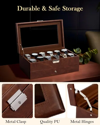Vista 4 de GUKA Caja de reloj, caja de reloj con 12 ranuras, fundas de reloj para hombres con tapa de cristal real, organizador de reloj de cuero sintético