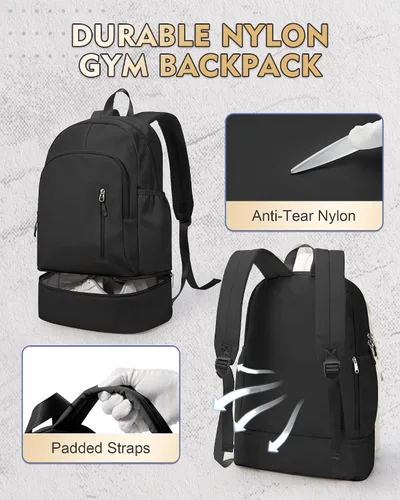 Vista 3 de Mochila de gimnasio para mujer, pequeña bolsa de gimnasio con compartimento para zapatos, mochila impermeable para deportes con bolsillo húmedo
