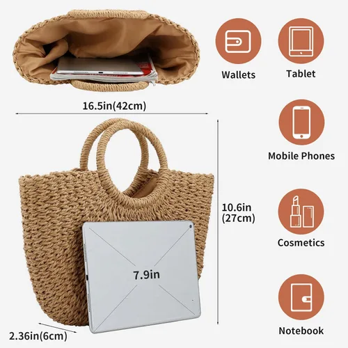 Vista 2 de Bolso de playa de verano para mujer, bolso de paja con asa superior, gran capacidad, bolso de viaje tejido a mano, bolso de paja grande