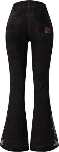 Vista 5 de Jeans acampanados con bordado floral para mujer, jeans elásticos acampanados, talla grande, pantalones de mezclilla de pierna ancha Y2k