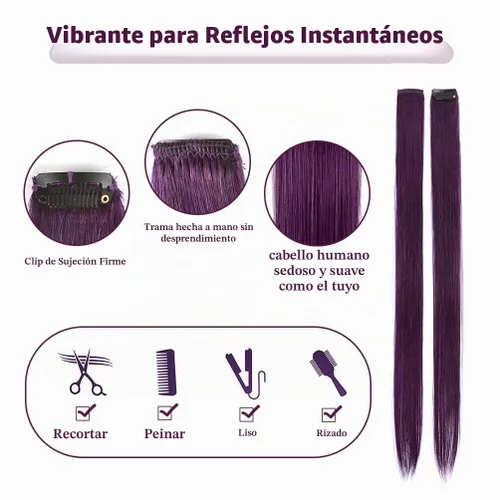 Vista 3 de Winsky Extensiones de cabello morado con clip – 100% cabello humano real de color para niñas, piezas de cabello de Halloween, 5 piezas/juego