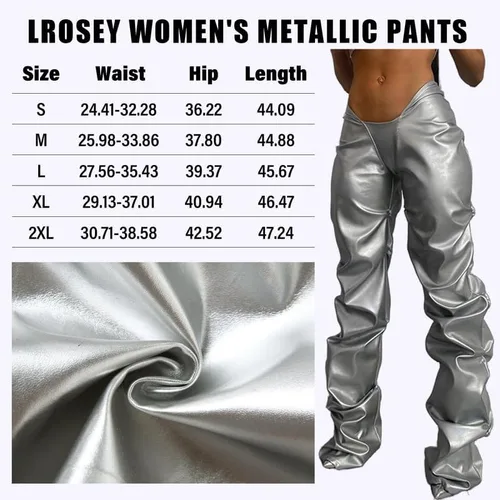 Vista 6 de LROSEY Pantalones metálicos para mujer, hipster, de piel sintética, con cintura en V, apilados, Metálico