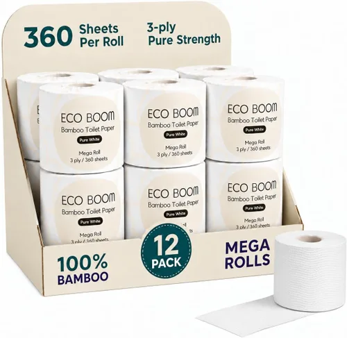 Vista 10 de ECO BOOM Papel higiénico de bambú sin blanquear, 100% libre de deforestación y sin plástico, 3 capas resistentes, certificado FSC, sin fragancia, 9