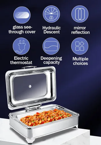 Vista 2 de Calentador de alimentos de 9 litros, juego de bufé rectangular con tapa visible de vidrio y control de temperatura, servidores de buffet