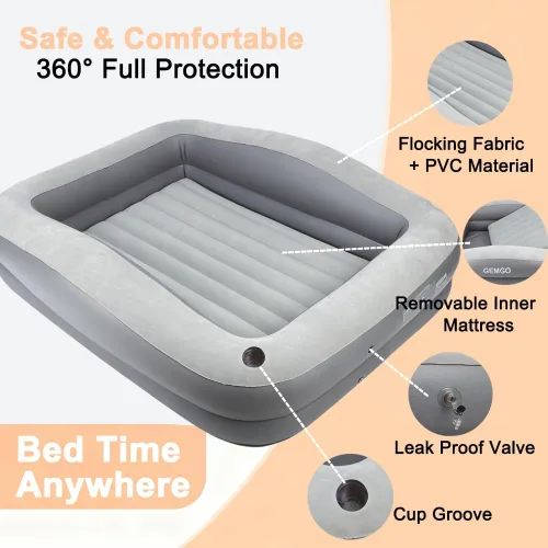 Vista 3 de Cama inflable de viaje portátil de 67 pulgadas para niños con 4 lados de seguridad, colchón de aire ligero para niños con bomba de alta velocidad