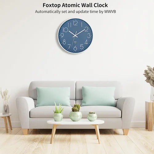 Vista 2 de Foxtop Reloj de pared atómico que funciona con pilas, redondo, analógico, moderno, juego automático para oficina, aula, dormitorio, cocina, sala