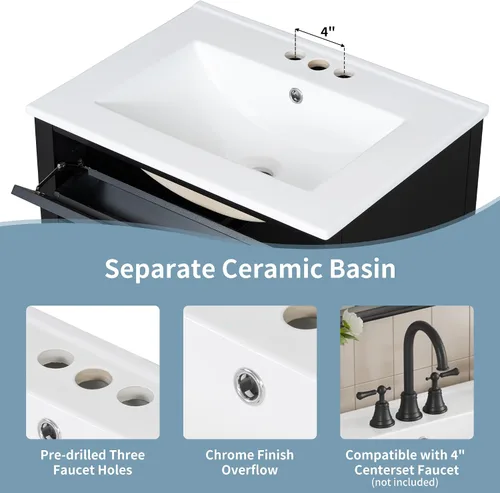 Vista 6 de Harper & Bright Designs Tocador de baño de 24 pulgadas con lavabo, juego de tocador independiente con 4 cajones, estantes de almacenamiento y Negro