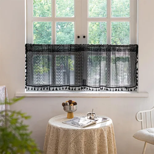 Vista 7 de Deeprove - Cenefa de cortina bohemia negra de 18 pulgadas de largo para cocina y cafetería, cortina corta bohemia de encaje transparente de crochet