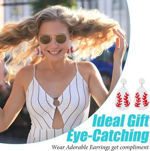 Vista 4 de 4 pares de aretes de fútbol con cuentas, balón de fútbol, baloncesto, fútbol, béisbol, deportes, aretes colgantes para mujeres, juego deportivo