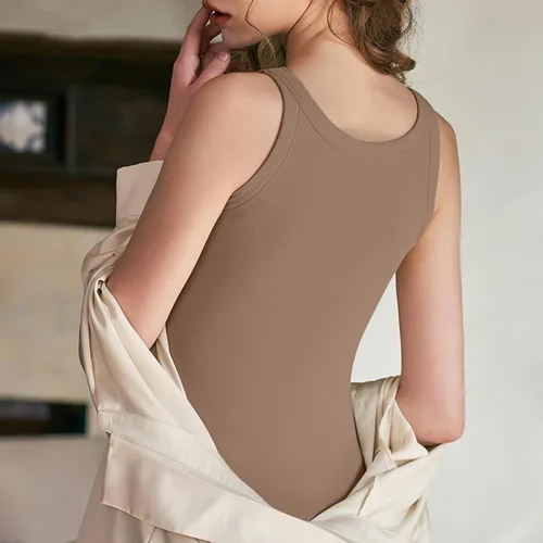 Vista 4 de Camisetas sin mangas de algodón acanalado para mujer, brasier integrado, sin mangas, cuello redondo, ajustada, capa base de verano, camisetas