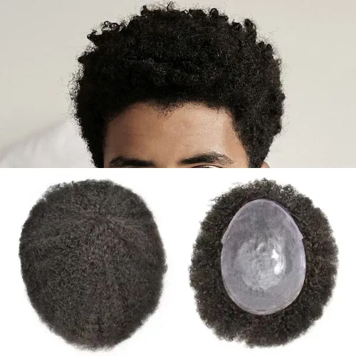 Vista 2 de Afro Toupee para hombres negros, unidad de pelo rizado rizado de poliuretano inyectado, cabello humano con ondas de polly afro, piezas de cabello #1