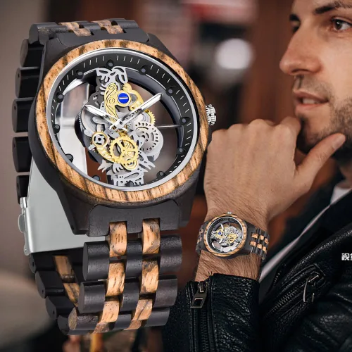 Vista 8 de Dentily Reloj de madera para hombre, reloj de madera ligero para hombre, relojes analógicos de madera de cuarzo para hombres