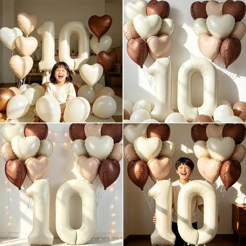 Vista 8 de Globos de 40 pulgadas color crema número 10, 17 piezas de globos de helio grandes con globos de corazón neutros crema nude caramelo beige marrón