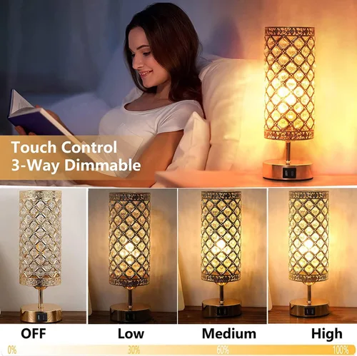 Vista 2 de Lámpara de mesa de cristal, lámpara de escritorio regulable K9 con control táctil, lámpara decorativa de cristal K9 con 2 puertos de carga USB