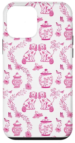 Vista 16 de Preppy - Carcasa para iPhone 16, diseño de perros y tarros de jengibre, color rosa y blanco