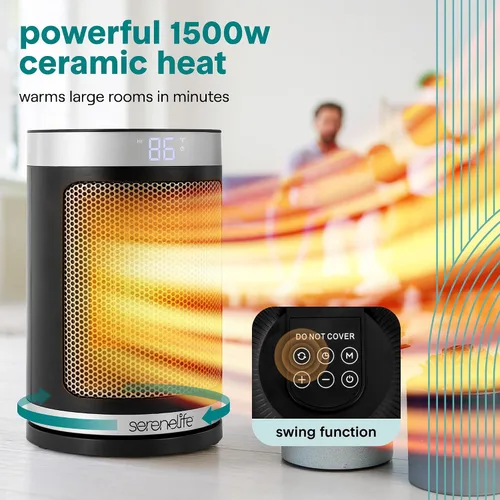 Vista 3 de SereneLife Calentador de espacio portátil – Calentador eléctrico de cerámica PTC de 1500 W con termostato, control remoto, temporizador de 12 horas