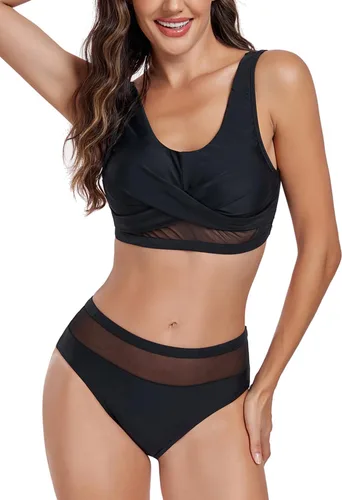 Vista 3 de Fanuerg Conjunto de bikini de cintura alta para mujer, traje de baño de dos piezas con malla frontal