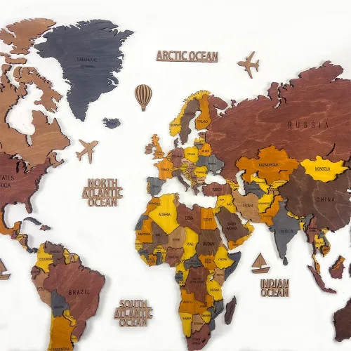 Vista 4 de Mapa del mundo, decoración artística para pared, mapa de madera, mapa del mundo de madera 3D, mapa grande para pared, mapa colorido de madera