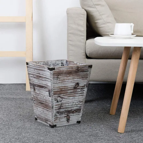 Vista 6 de Liry Products - Cesta de basura cuadrada de madera rústica con antorcha, estilo granja, papelera de reciclaje, soportes de metal decorativos